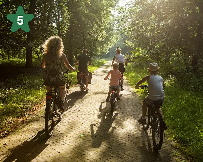 Familie fietst door het bos