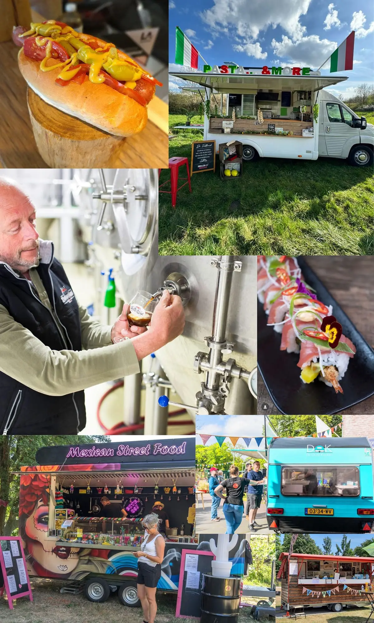 Foodtruck, hotdog en iemand die bier tapt
