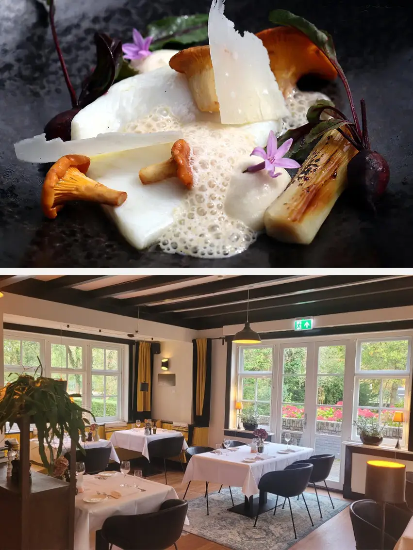 Collage van een gerecht, en interieur Restaurant Aan het Bosch