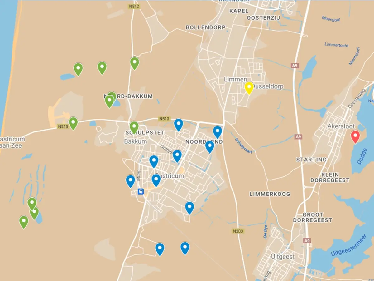 Een schermafbeelding van de interactieve kaart op Google Maps