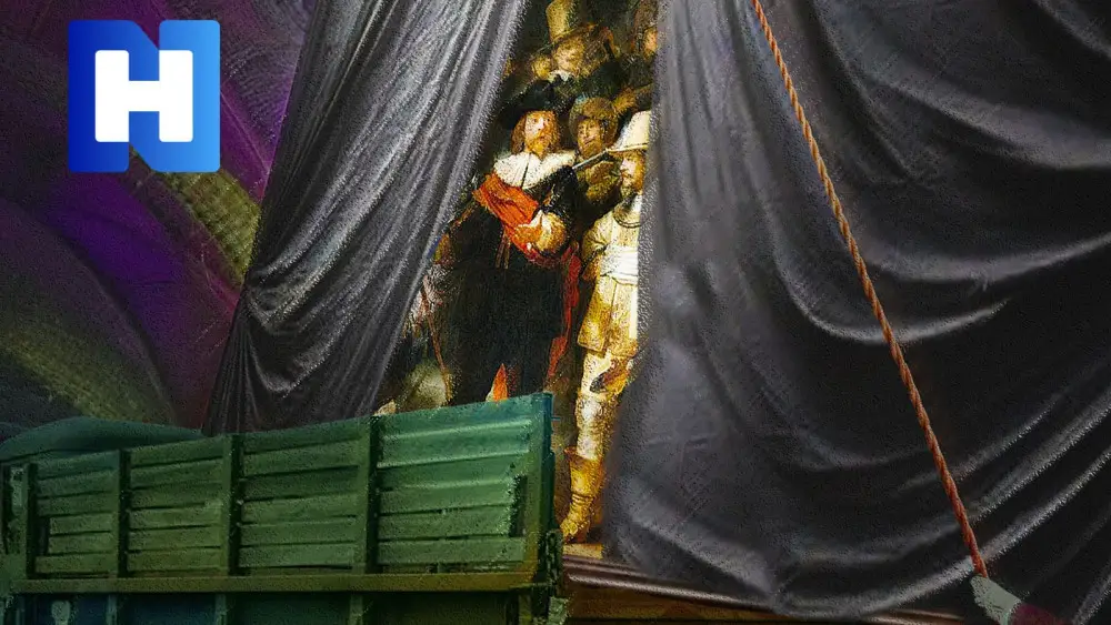 De cover van de podcast van NH Nieuws met de nachtwacht op een vrachtwagen
