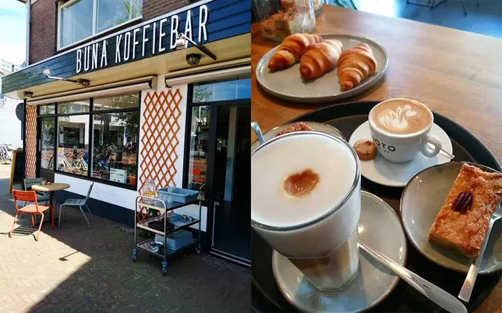 Links Buna Koffiebar en rechts een foto van koffie en een taartje