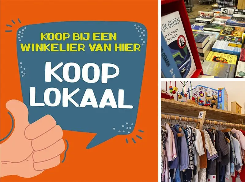 Poster van 'Koop bij een winkelier van hier, koop lokaal'