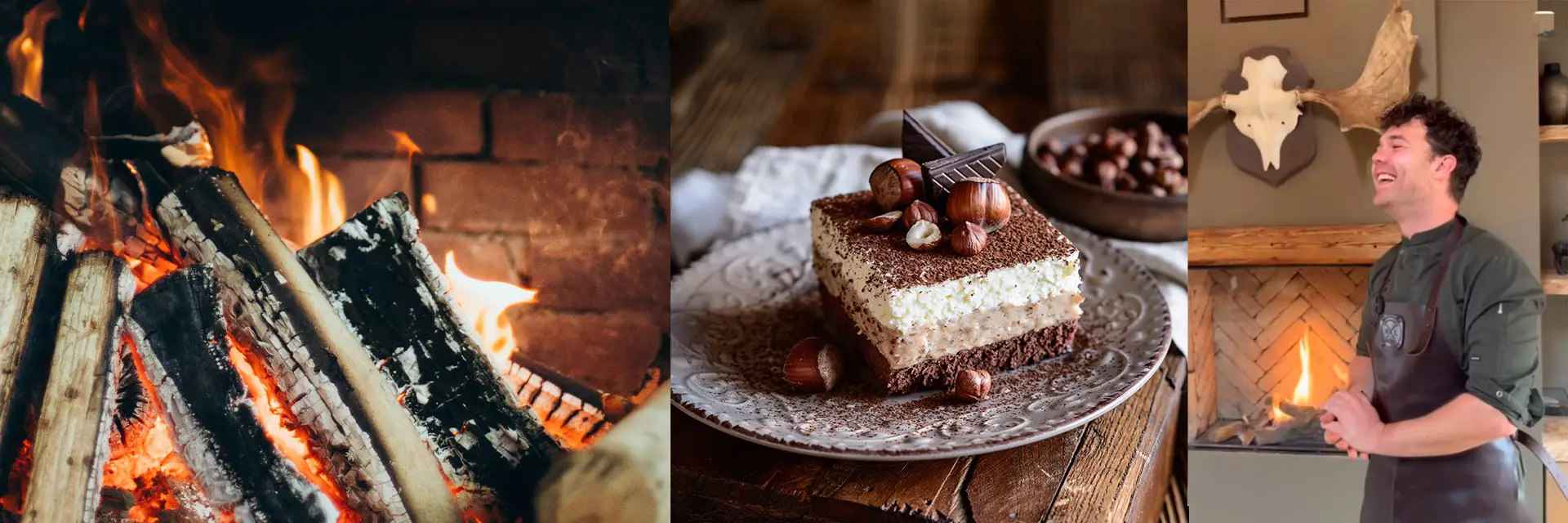 Openhaard, een dessert en een blije chef.