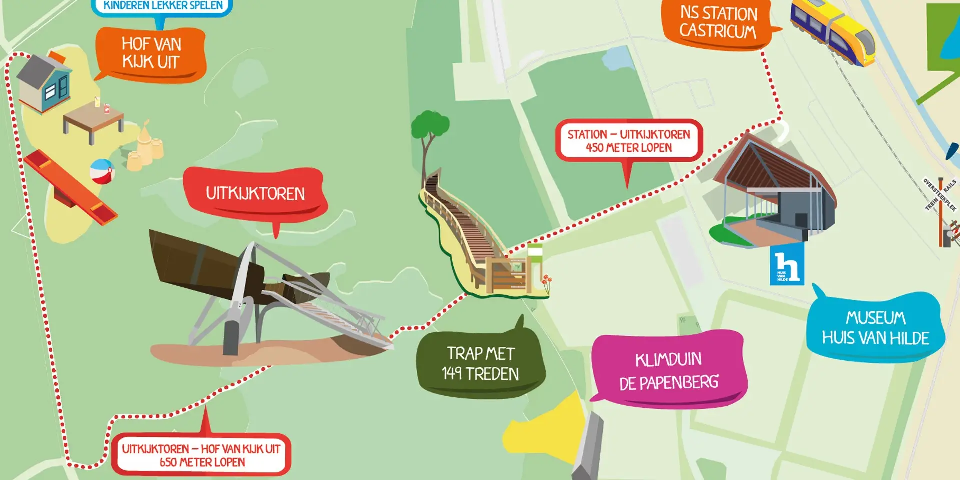 Plattegrond met illustraties van de Papenberg, Uitkijktoren en Huis van Hilde