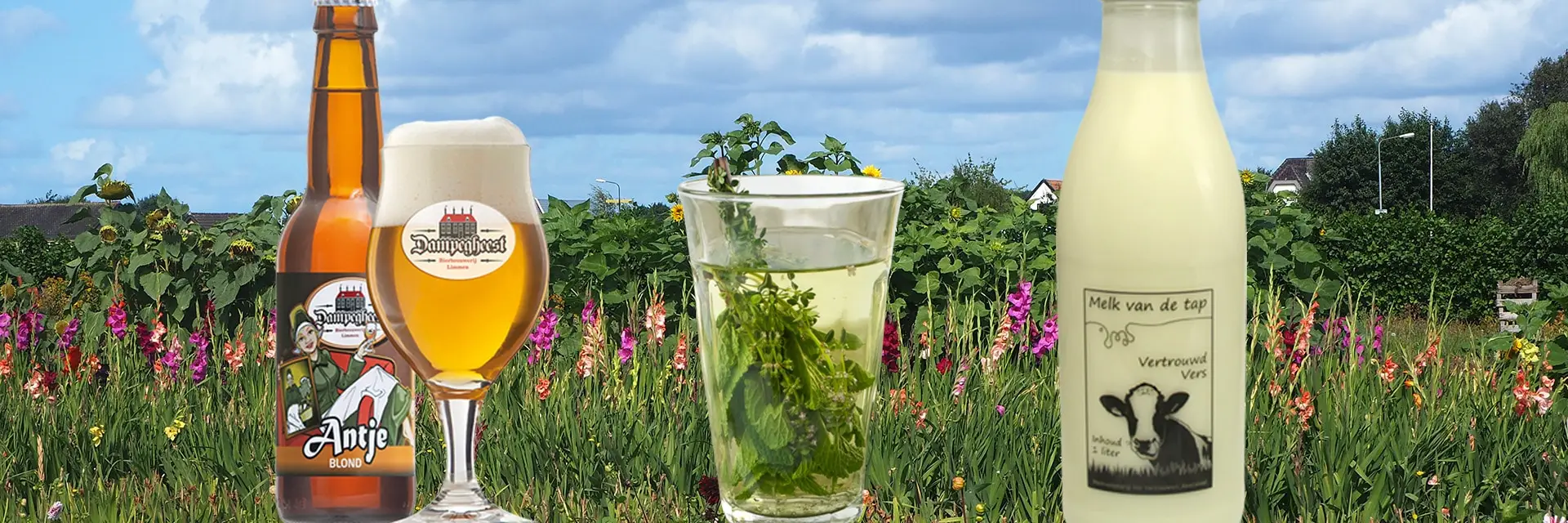 Een aantal streekproducten, waaronder Dampegheest bier en muntthee uit de Pluktuin