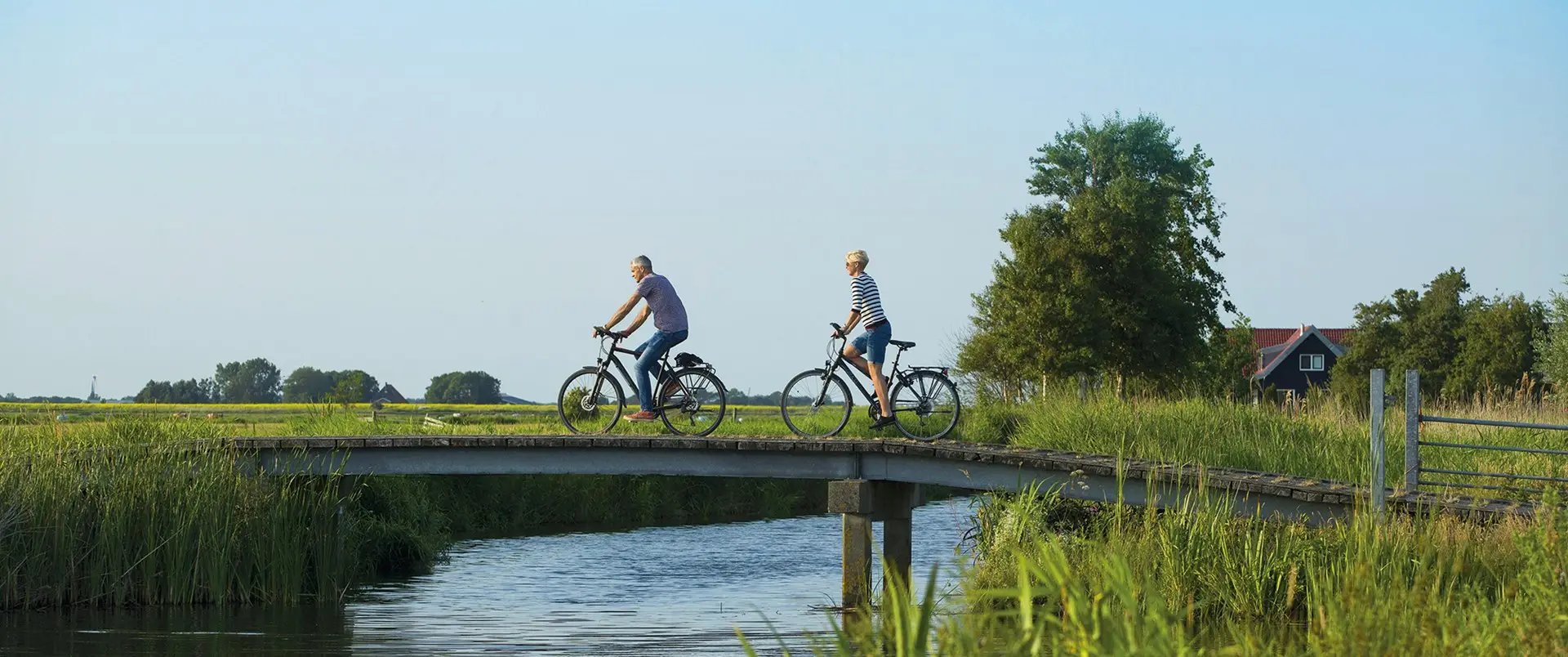 Fietsers over een bruggetje op De Woude
