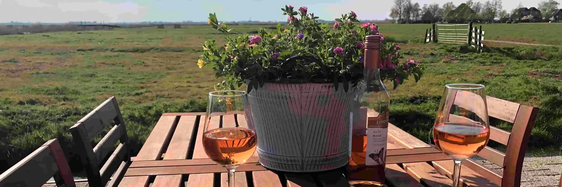 Tafel met wijnglas met uitzicht op de polder
