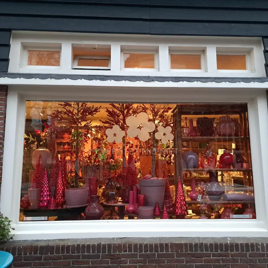 Etalage raam van Bloembinderij Vergeet-mij-niet met kerst versiering
