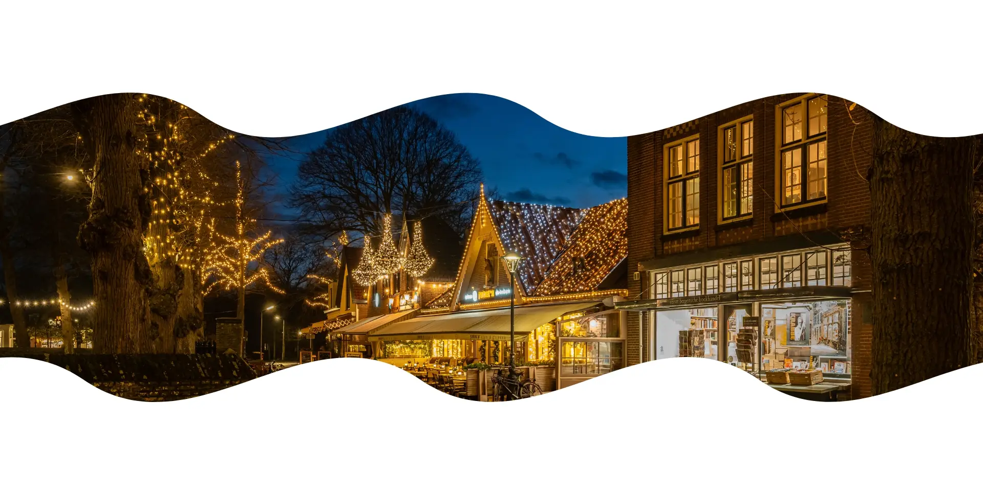 Een kronkelend, geasfalteerd pad door een groen bos met hoge, slanke bomen. Het zonlicht filtert door de bladeren. Links van het pad loopt een houten hek langs een lichte helling, omringd door struiken en bladeren.