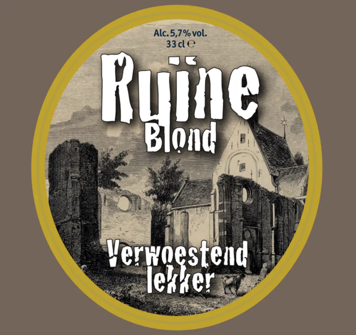 Etiket van Ruïneblond bier, gebrouwen vanwege het 450 jarig jubileum van de Ruïnekerk met de naam: "Ruïne Blond", Alcoholpercentage 5,7% vol en 33 centiliter en de leus: "Verwoestend lekker"