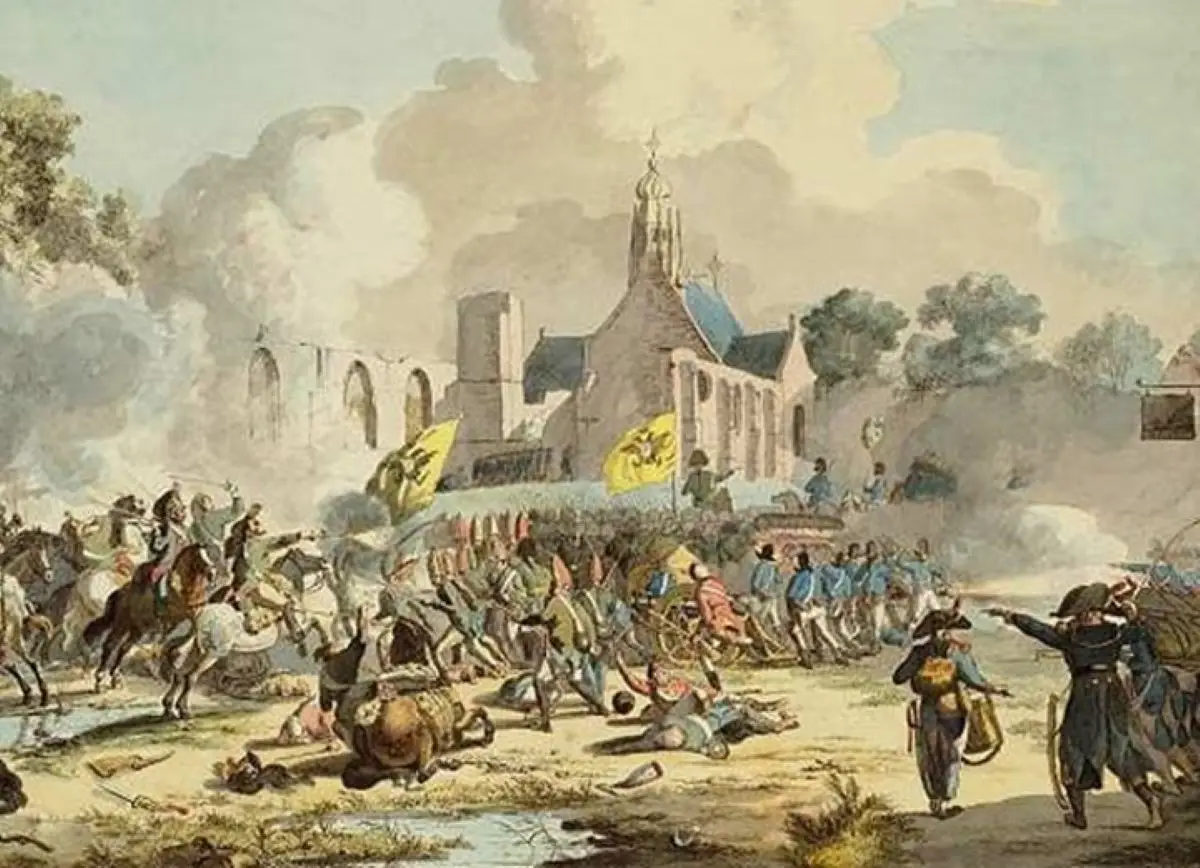 Oud historisch schilderij van de Slag bij Bergen met hierop de Ruïnekerk en vechtende soldaten
