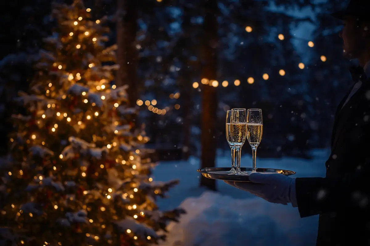 Serveer biedt op een winterse avond twee glazen champagne aan op een dienblad, met een verlichte kerstboom en sneeuw op de achtergrond.
