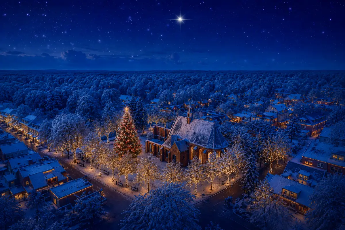 Luchtfoto van een besneeuwd dorp in de bergen of heuvels bij nacht, met een verlichte kerk in het midden, omringd door sneeuwbedekte bomen en een sterrenhemel.