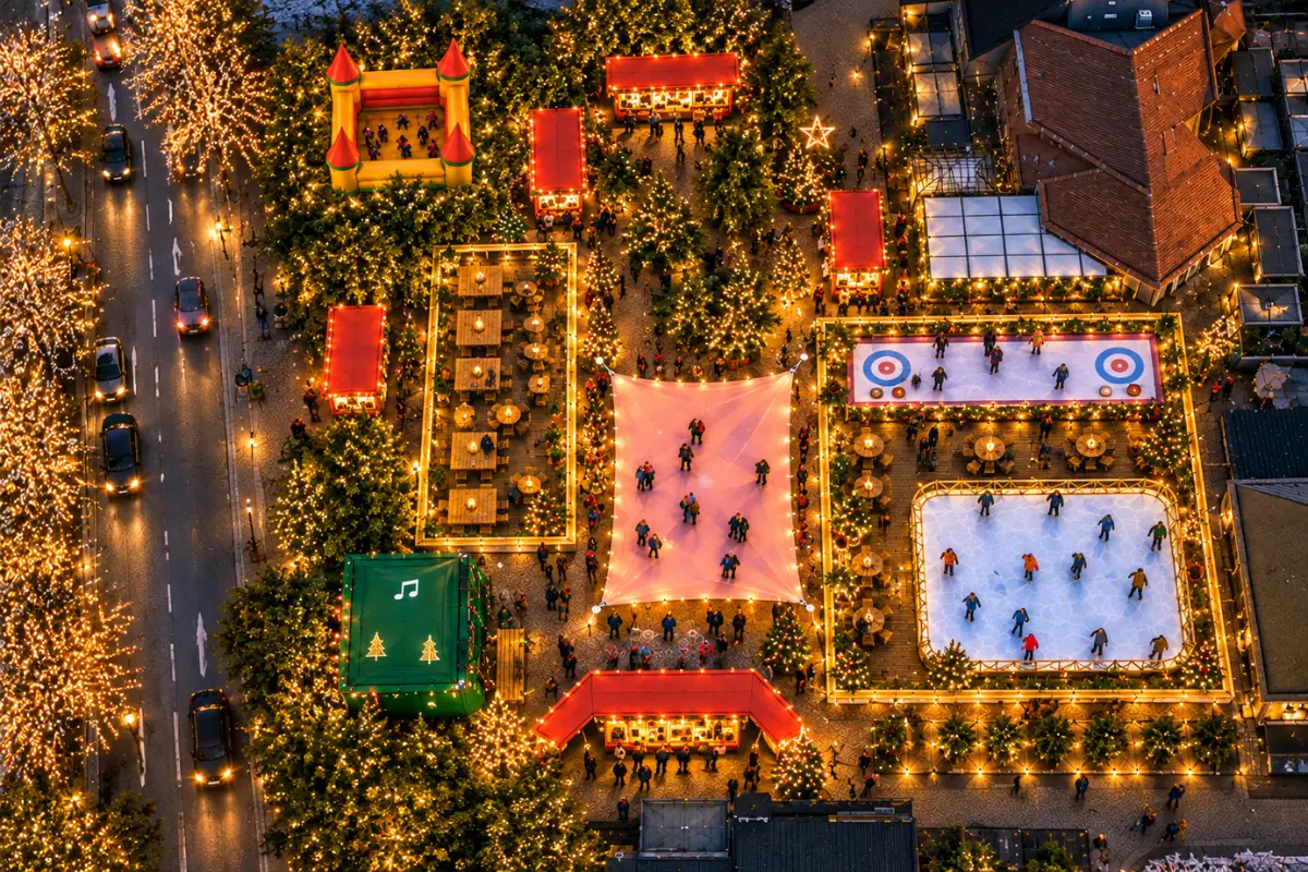 Luchtfoto van een besneeuwd dorp in de bergen of heuvels bij nacht, met een verlichte kerk in het midden, omringd door sneeuwbedekte bomen en een sterrenhemel.