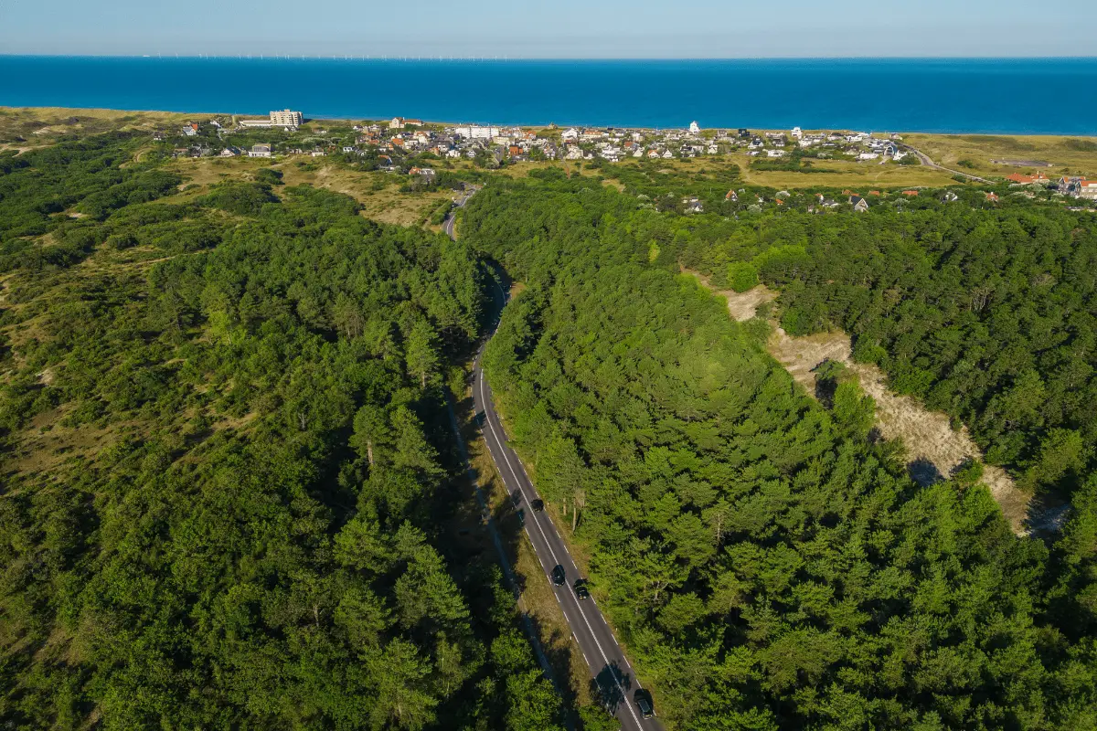 Luchtfoto van een weg door een groen bos- en duingebied richting een kustdorp, met de zee zichtbaar aan de horizon.