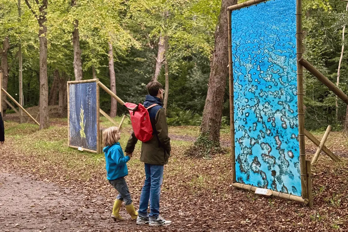 Volwassene en kind bekijken kunstpanelen langs een bospad in een groen bosgebied.