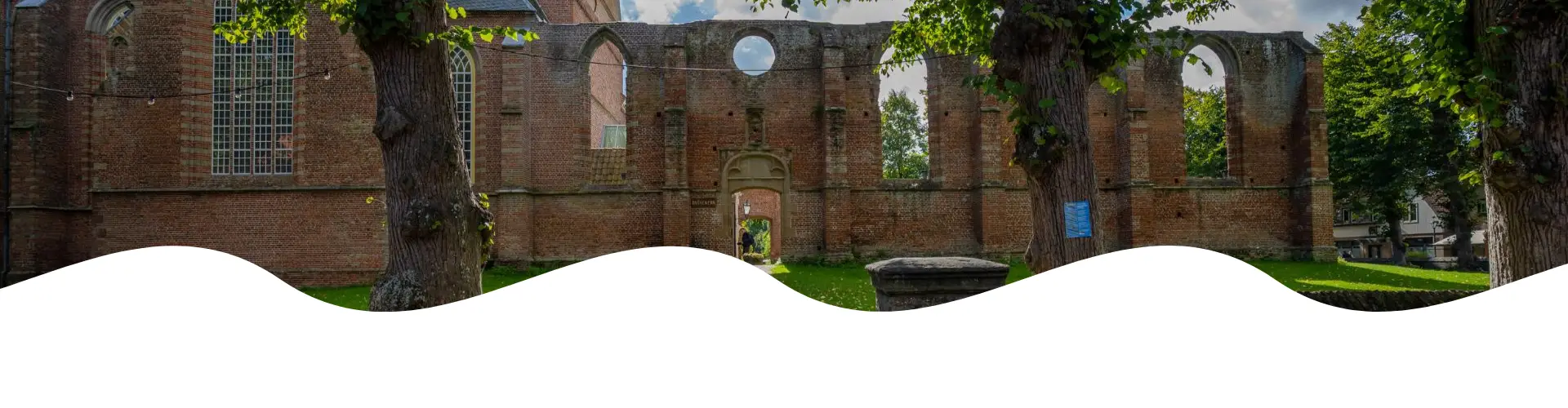 Ingang van de Ruïnekerk in Bergen, met een open poort en een pad dat leidt naar de overgebleven bakstenen muren met grote gotische ramen. De zon schijnt door de groene bomen, waardoor schaduwen op de bestrating en het grasveld vallen.