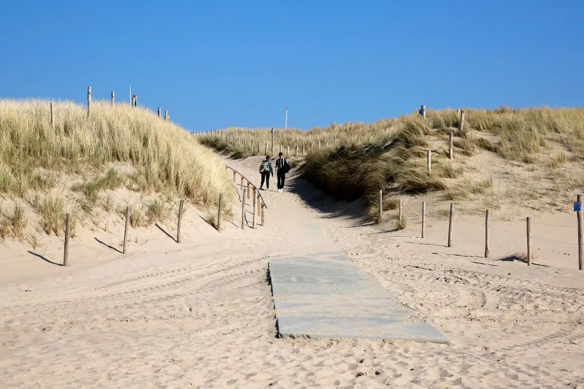 Foto van de strandopgang bij Bergen aan Zee met twee lopende mensen tussen het duin op een zonnige dag met blauwe lucht
