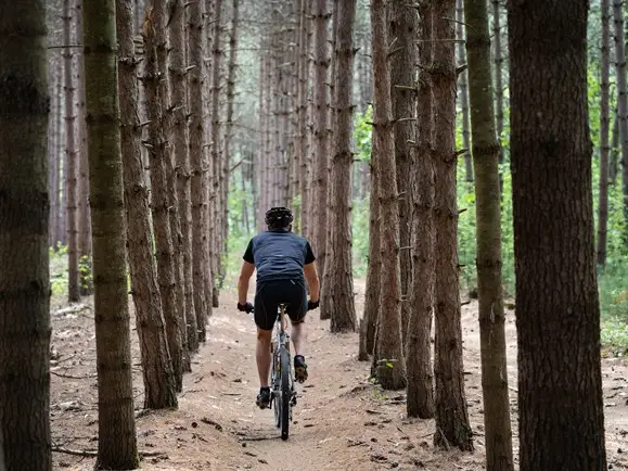 Mountainbiker fietst langs bomen