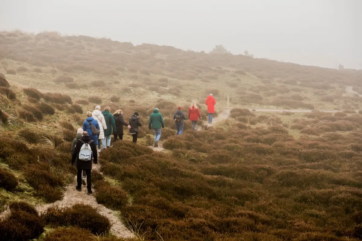 Groep wandelaars in winterkleding loopt over een smal pad door de heide in de mistige Schoorlse Duinen, omringd door lage struiken en een dromerig, nevelig landschap.
