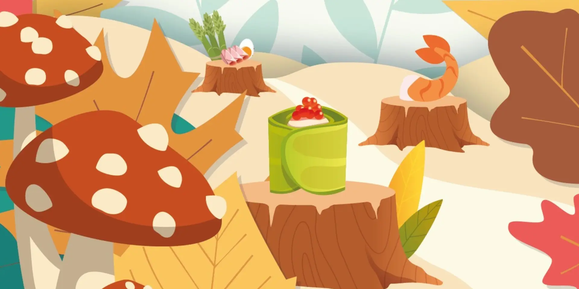 Illustratie van paddenstoelen, herfstachtige bladeren en omgezaagde boomstammen