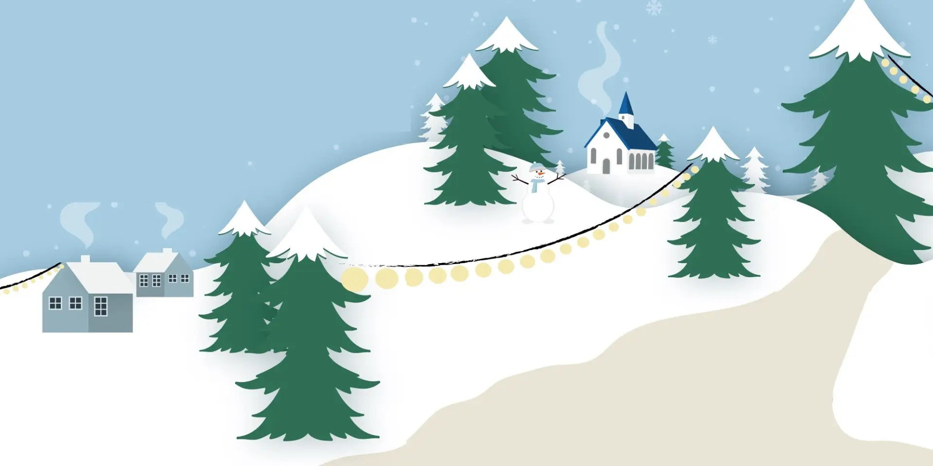 illustratie van Schoorl in de winter met besneeuwde bomen, besneeuwde huisjes, een sneeuwpop en verlichting