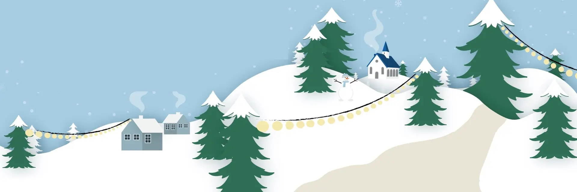 Illustratie van een winters landschap met besneeuwde heuvels, dennenbomen, een kerk met blauw dak, een sneeuwpop en sfeervolle lichtslingers.
