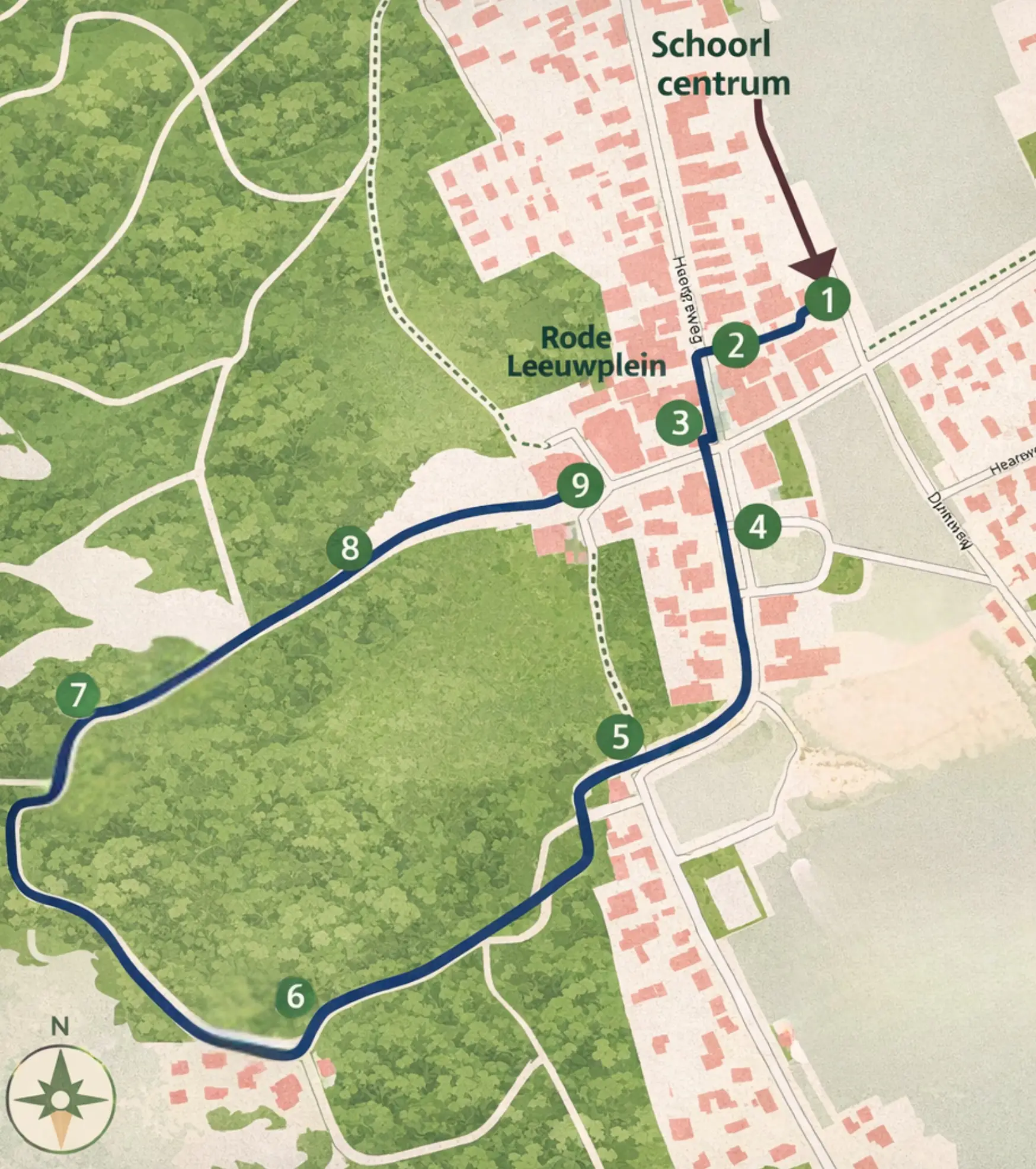 Kaart van Schoorl centrum met een wandelroute door het dorp en het omliggende duingebied, inclusief genummerde punten langs de route.