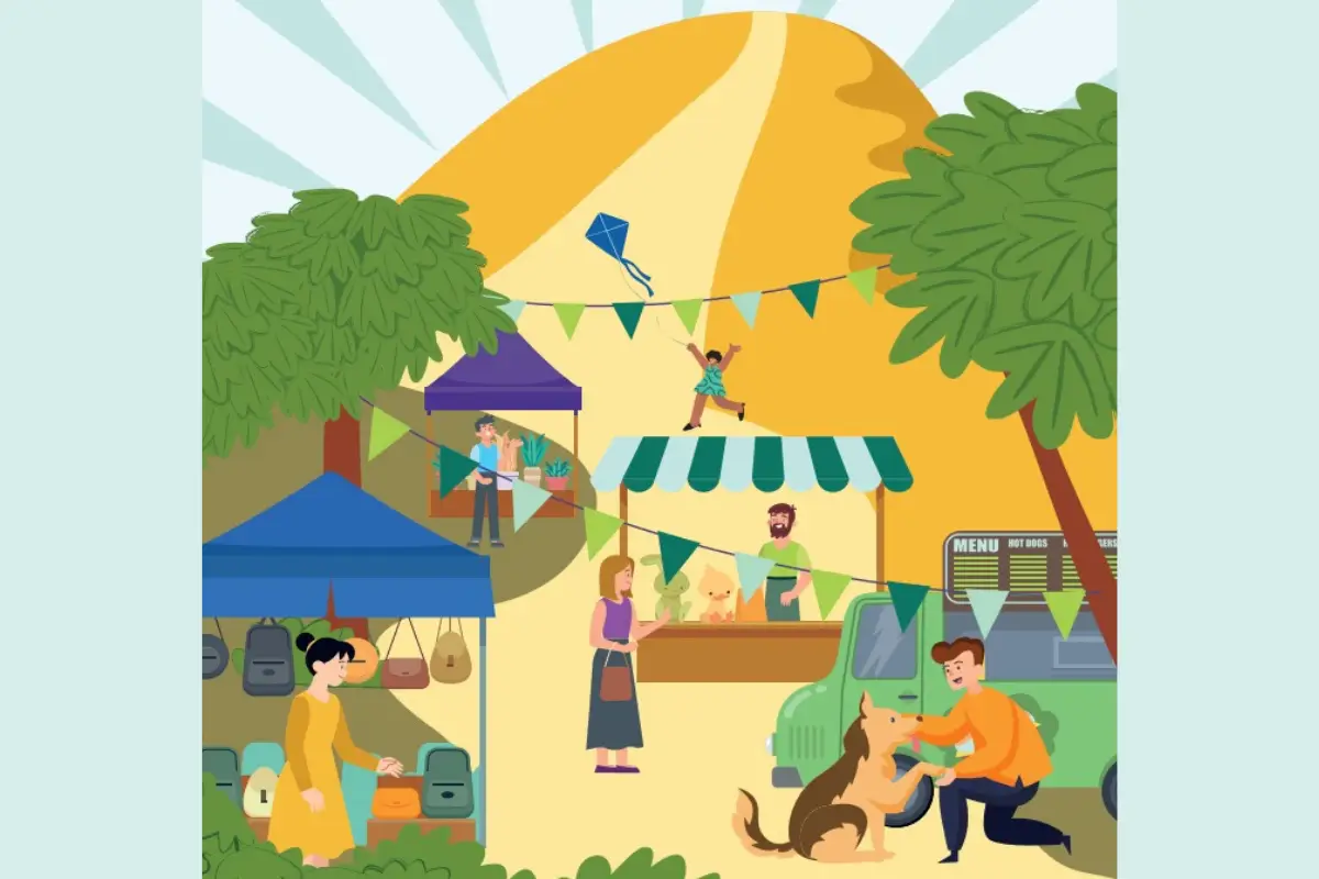 Flyer van Zomermarkt festival met illustraties. Tekst: Schoorl - ZOMERMARKT FESTIVAL - Schoorl: elke dinsdag zomermarkt - Groet: elke maandagavond food & shop markt