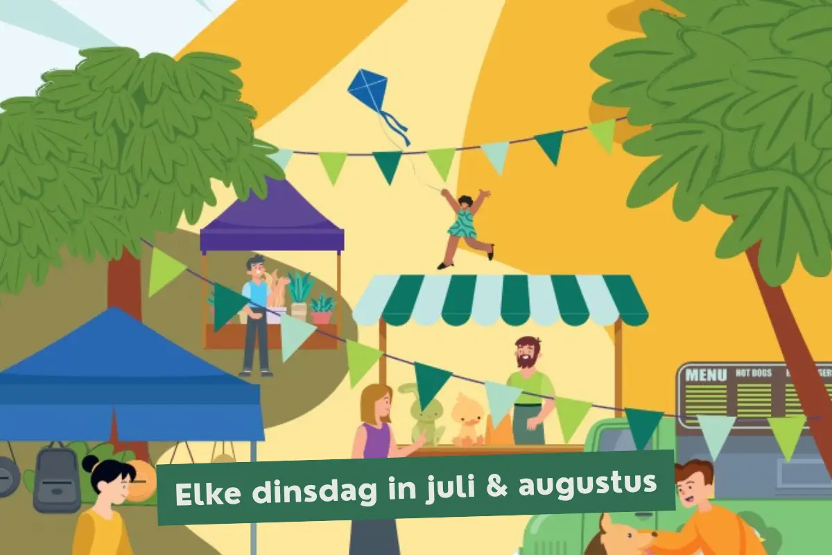 Flyer van Zomermarkt festival met illustraties. Tekst: Schoorl - ZOMERMARKT FESTIVAL - Schoorl: elke dinsdag zomermarkt - Groet: elke maandagavond food & shop markt