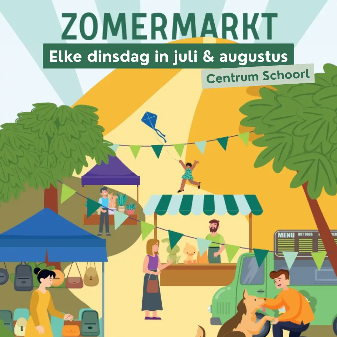 Flyer van Zomermarkt festival met illustraties. Tekst: Schoorl - ZOMERMARKT FESTIVAL - Schoorl: elke dinsdag zomermarkt - Groet: elke maandagavond food & shop markt