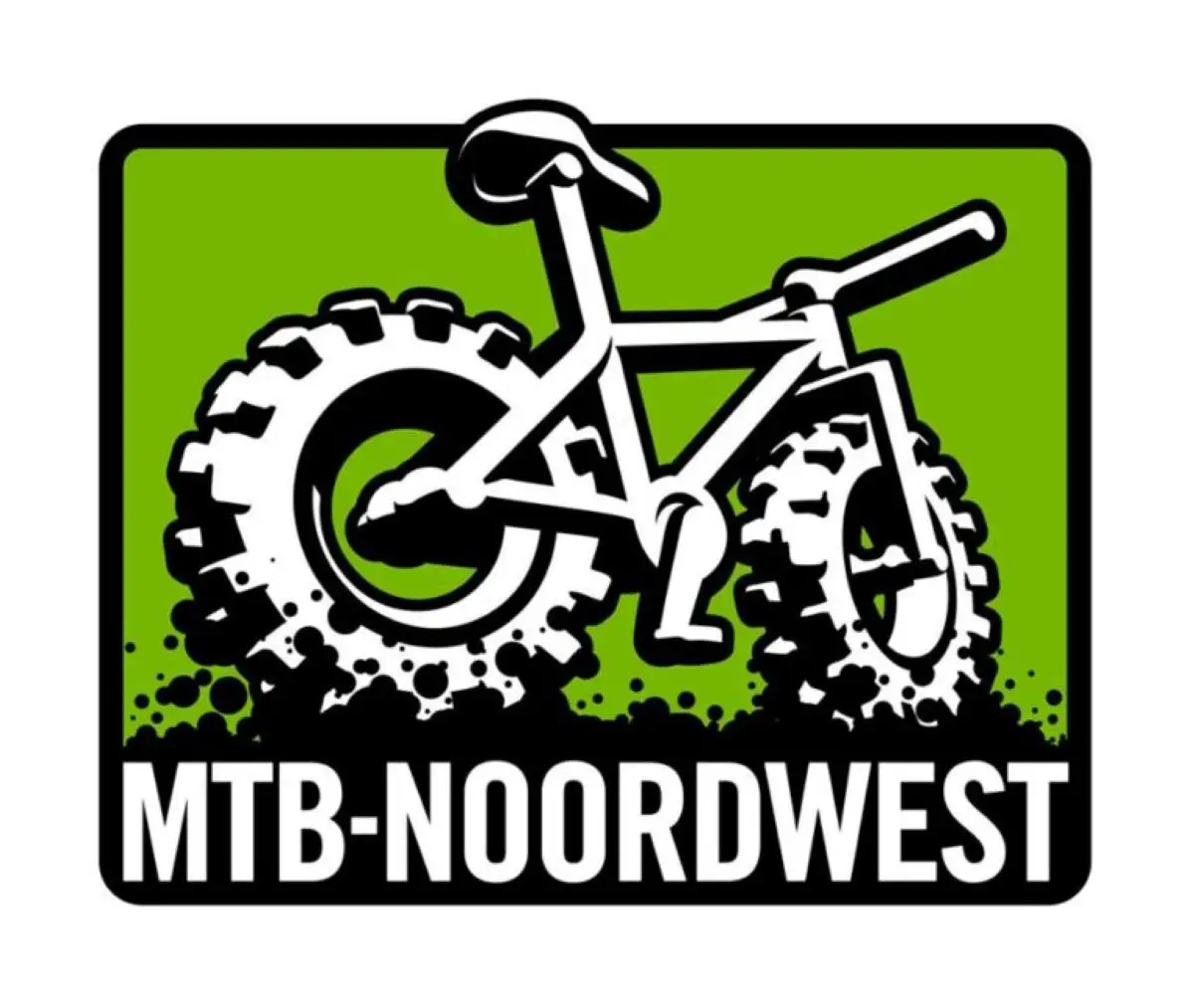 Logo met groene kleur en geïllustreerde, witte mountainbike met daaronder de tekst in blokletters: "MTB-Noordwest"