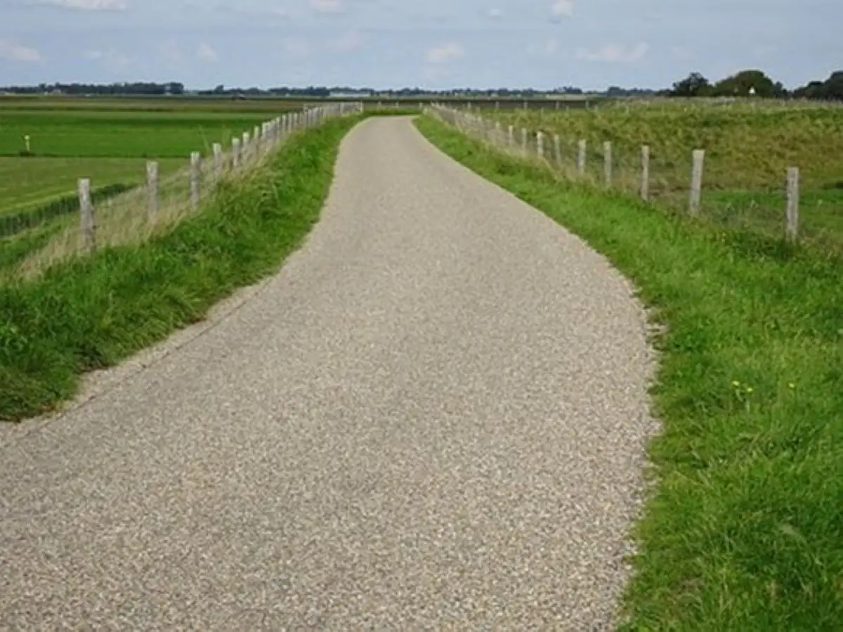 Foto van de Westfriese Omringdijk met in het midden de dijk van grijs asfalt met eromheen houten hekjes