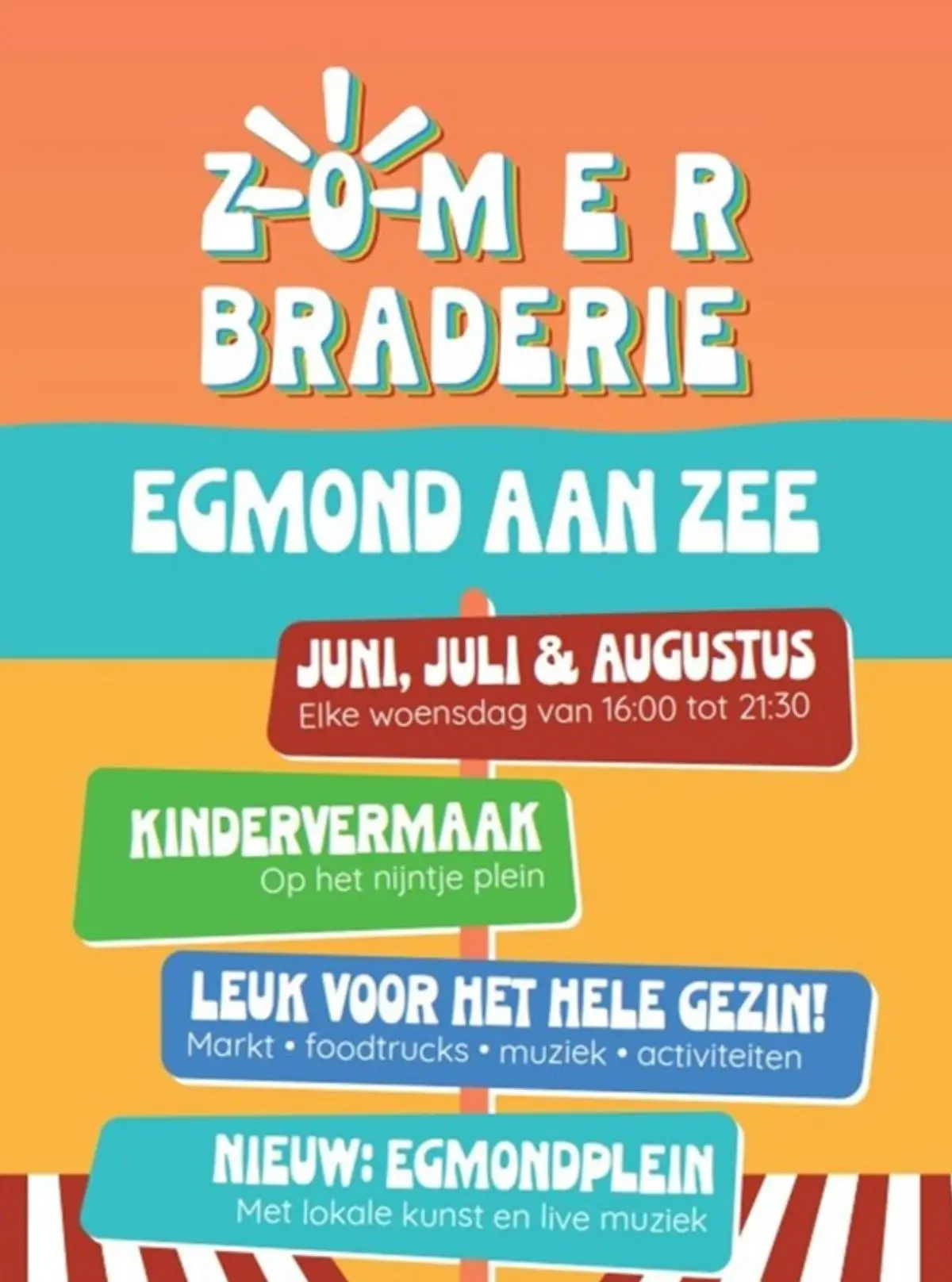De poster met informatie over de braderie wat betreft tijden, datums en activiteiten