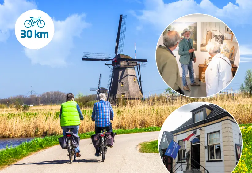 Twee mensen op de fiets in Dijk en Waard en het Regthuis en de schilder