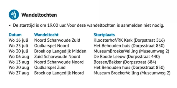 Tijden dat de wandeltochten starten in Langedijk