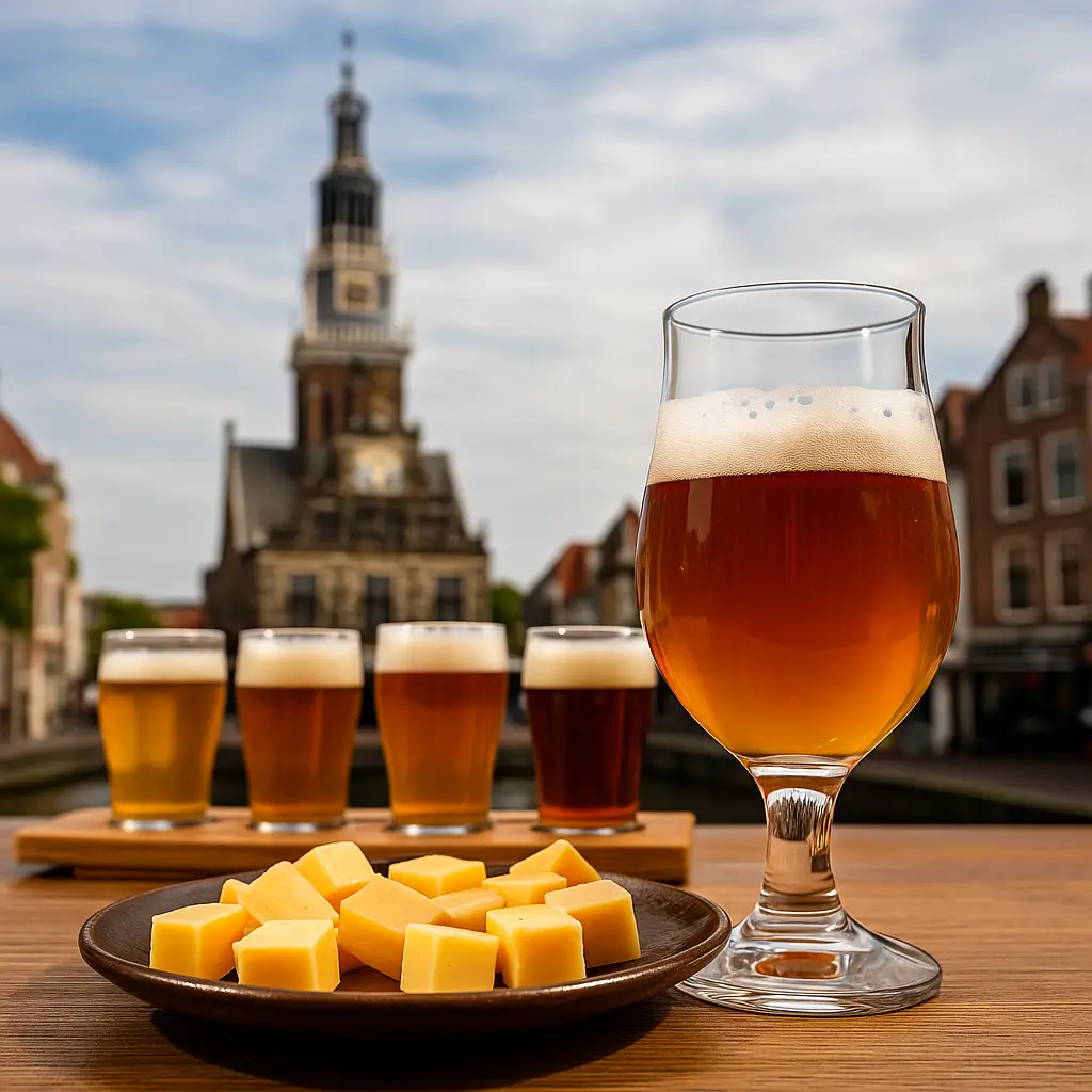 Biertjes met kaasblokjes op een tafel met de Waagtoren op de achtergrond