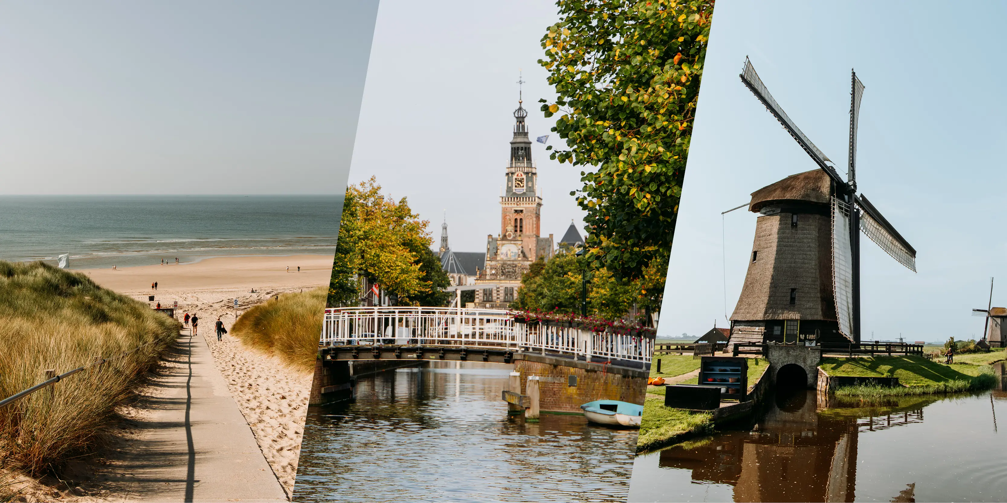 Drieluik van het strand, de stad Alkmaar met waagtoren en rechts een molen