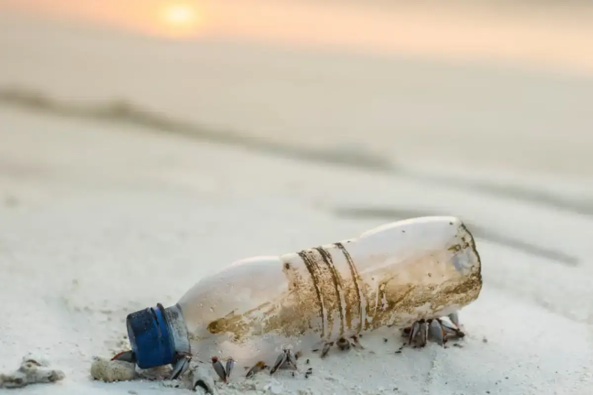 Een aangespoeld plastic flesje op het strand