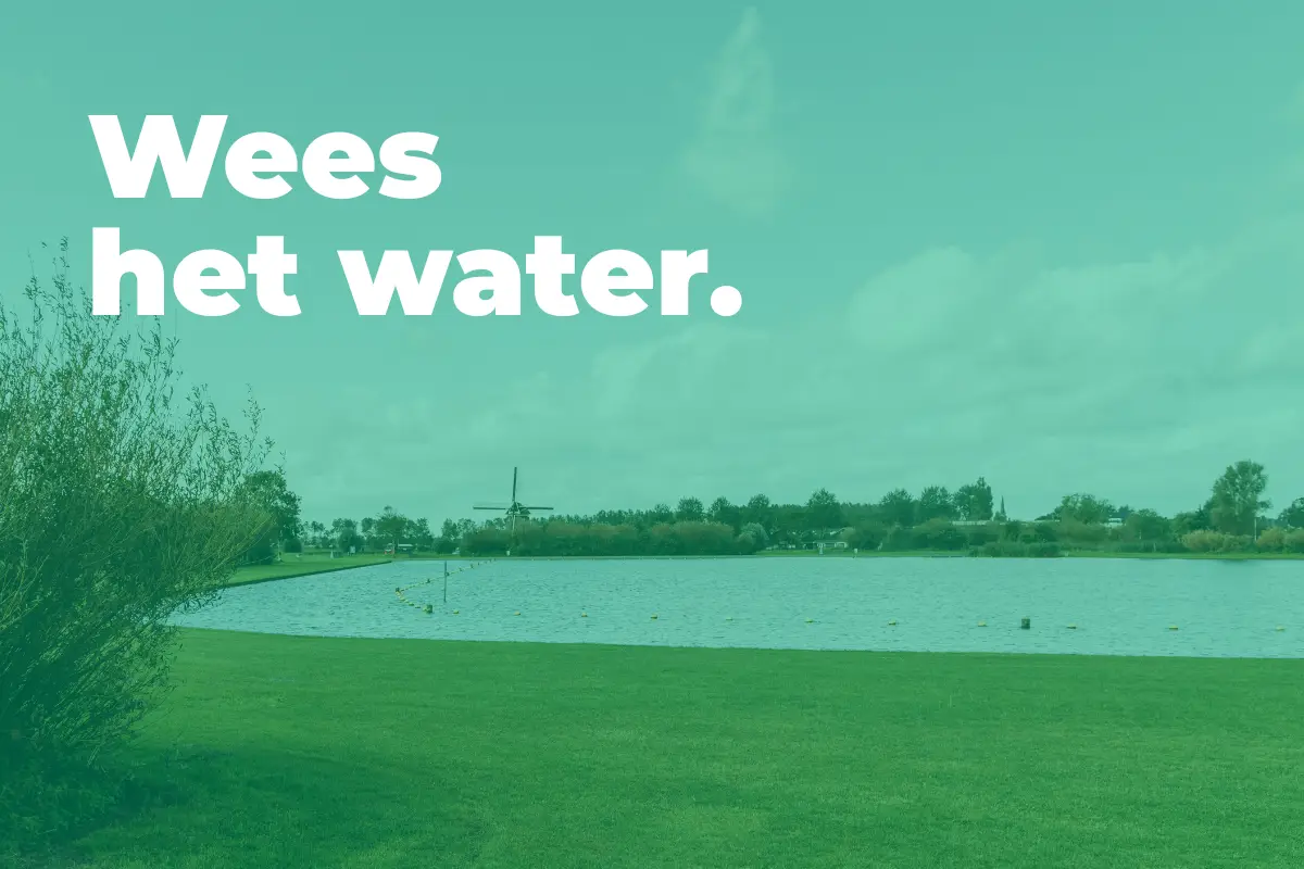 Een houten vlonderpad met een groene toegangspoort leidt naar het water, omgeven door hoge rietplanten. Op de achtergrond is een uitgestrekt meer met bomen en een paar gebouwen in de verte te zien onder een bewolkte lucht