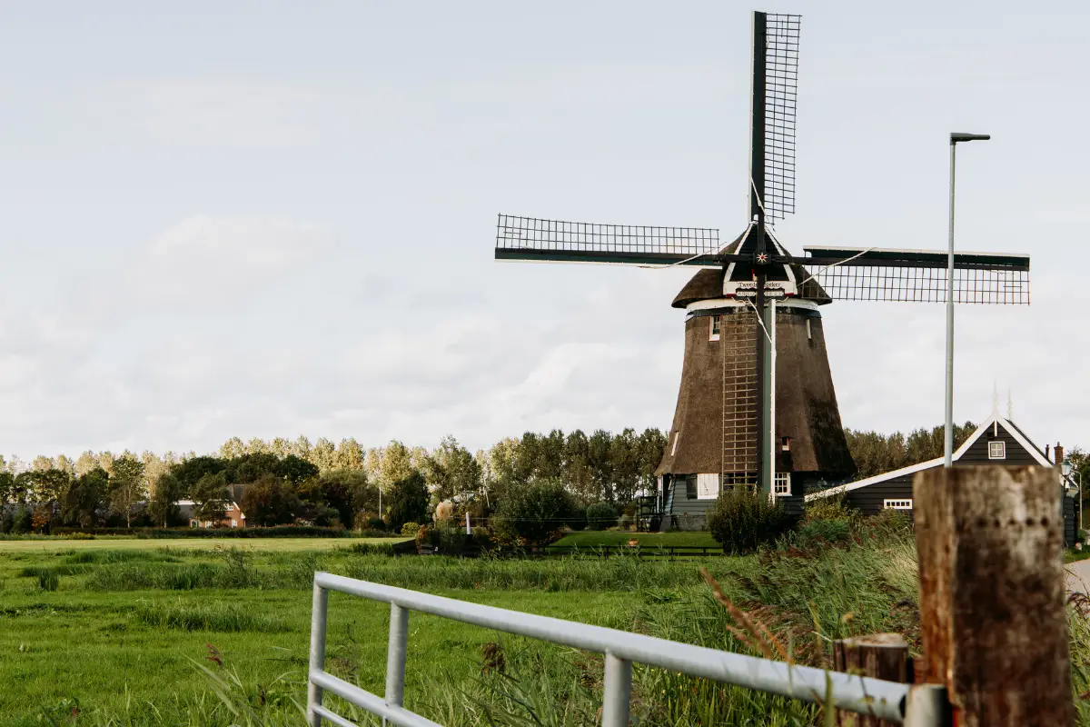 Een traditionele Nederlandse windmolen staat midden in een groen landschap met een hek op de voorgrond. De molen heeft een rieten kap en grote houten wieken. Op de achtergrond zijn bomen, een paar huisjes en een licht bewolkte lucht te zien.
