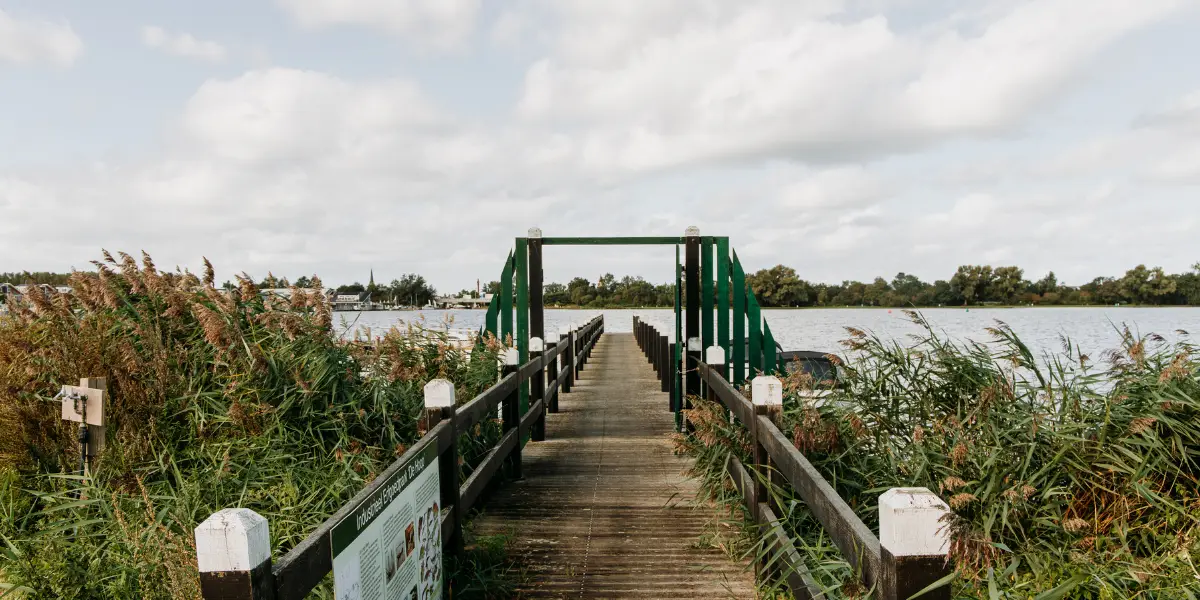 Een houten vlonderpad met een groene toegangspoort leidt naar het water, omgeven door hoge rietplanten. Op de achtergrond is een uitgestrekt meer met bomen en een paar gebouwen in de verte te zien onder een bewolkte lucht