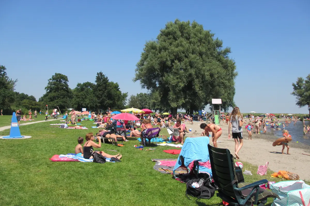 Strand en mensen liggend op het gras